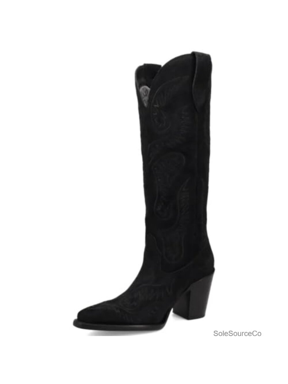 Suede Knee High Western Cowboy Boots Pointed Toe Chunky Heel Embroidered